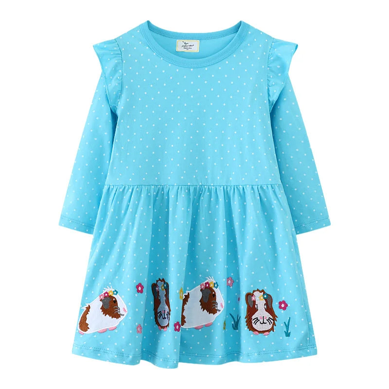 Jumping Meters 2-7T Princess Girls Dresses Buttons Hot Selling Long Sleeve Animals Baby Girls Clothes Party Kids Frocks Costume