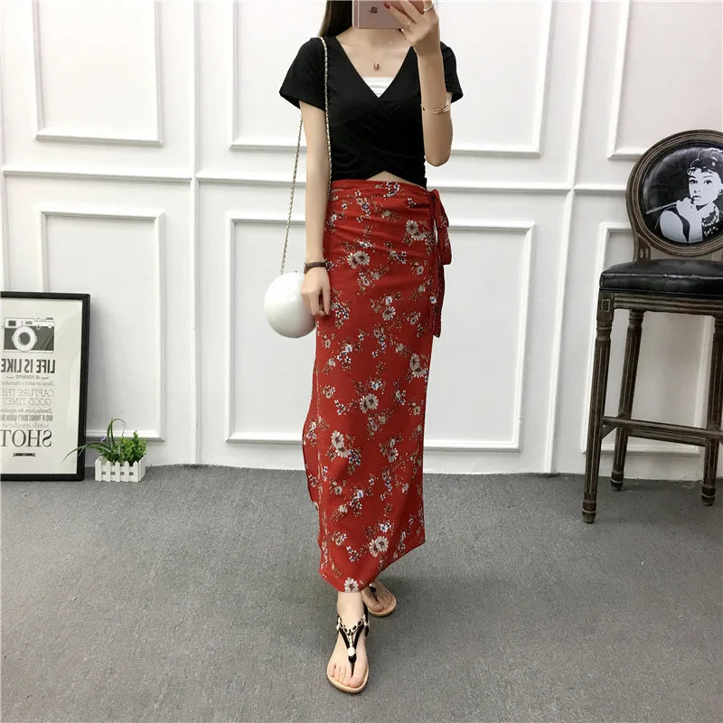 Vacation Style Wrap Skirt Beachside Long Skirt Women's High Waist A-Line Midi Skirt Floral Print One-Piece Summer Spring