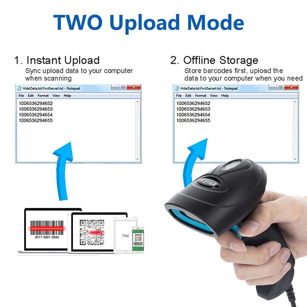 KEFAR Wireless Barcode Scanner Wired Handheld Barcode Reader Bluetooth QR PDF417 DM Codes Reader for Smartphone Screan Reader