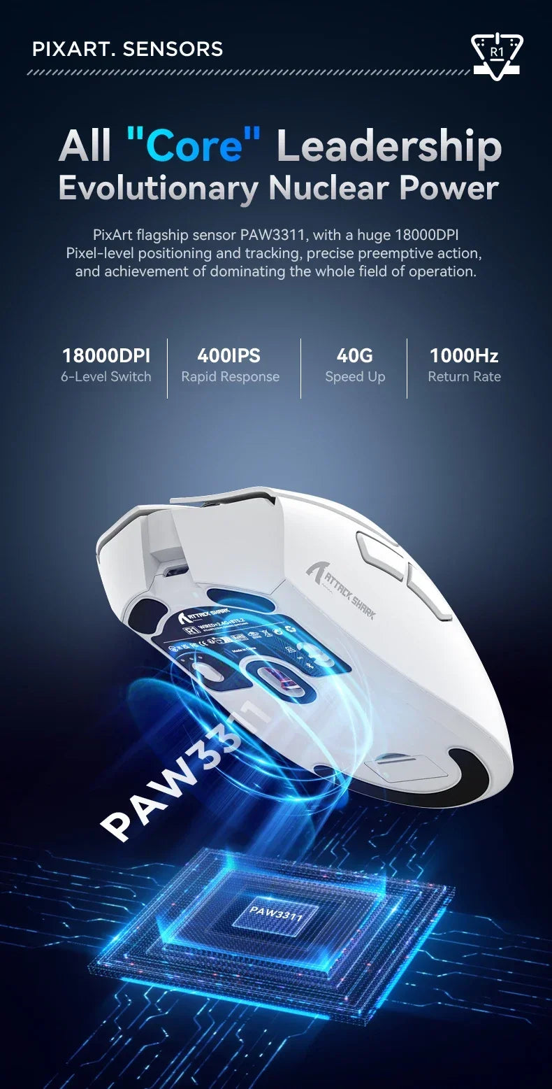 Attack Shark R1 Wireless Mouse Lightweight Ergonomic DesignMouse 1000Hz Bluetooth Tri-mode Connection 18000dpi Optical Mouse