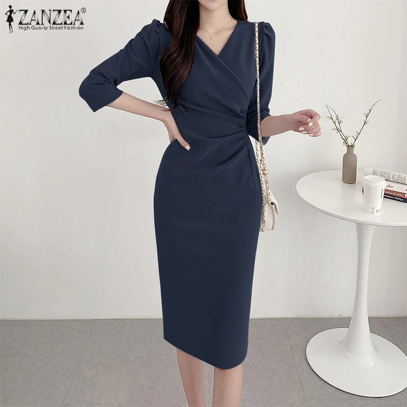 ZANZEA Autumn Women Elegant V Neck Bodycon Dress Ladies Party Club Dresses Fashion Work OL Vestidos 2024 Spring Women's Clothing