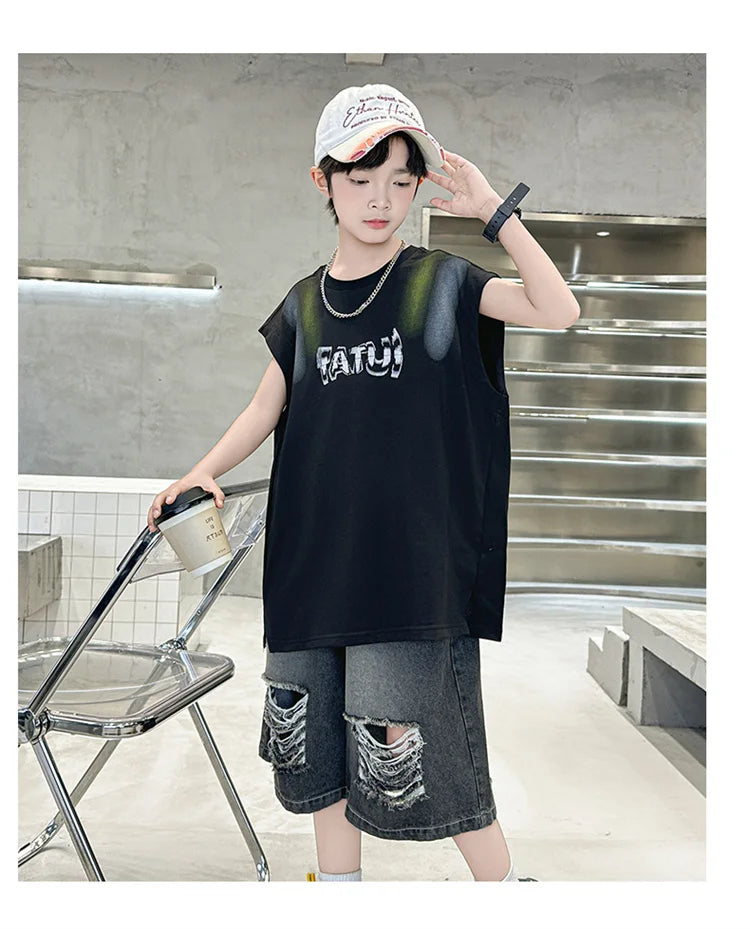Junior Boys Summer Suit Children's Fashion Sleeveless Vest and Hole Jeans Shorts Clothing Sets for Kids 5 7 9 11 13 14 Years Old