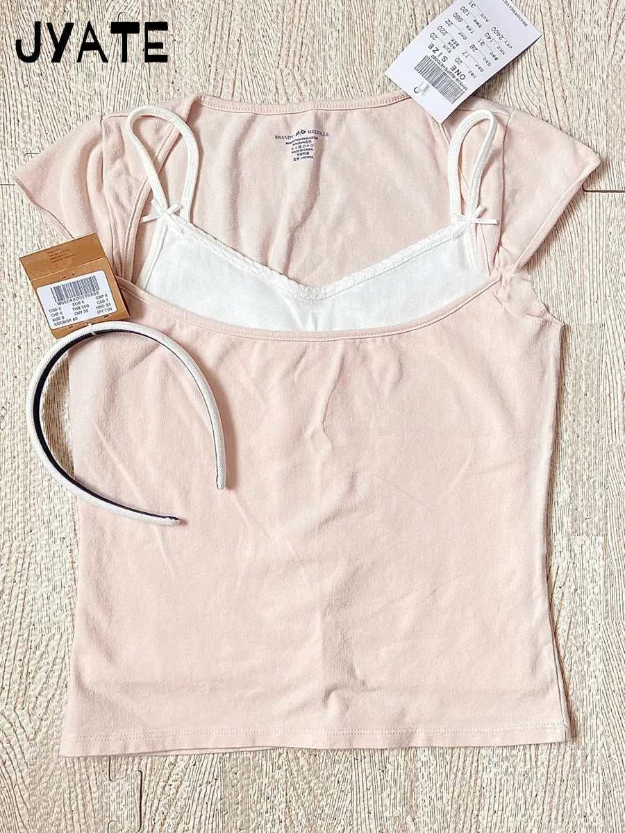 New Sweet Pink Cotton Crimping Short Sleeve Tees Women Summer Casual Simple Square Collar Crop Tops Vintage Basic Y2K T-shirts