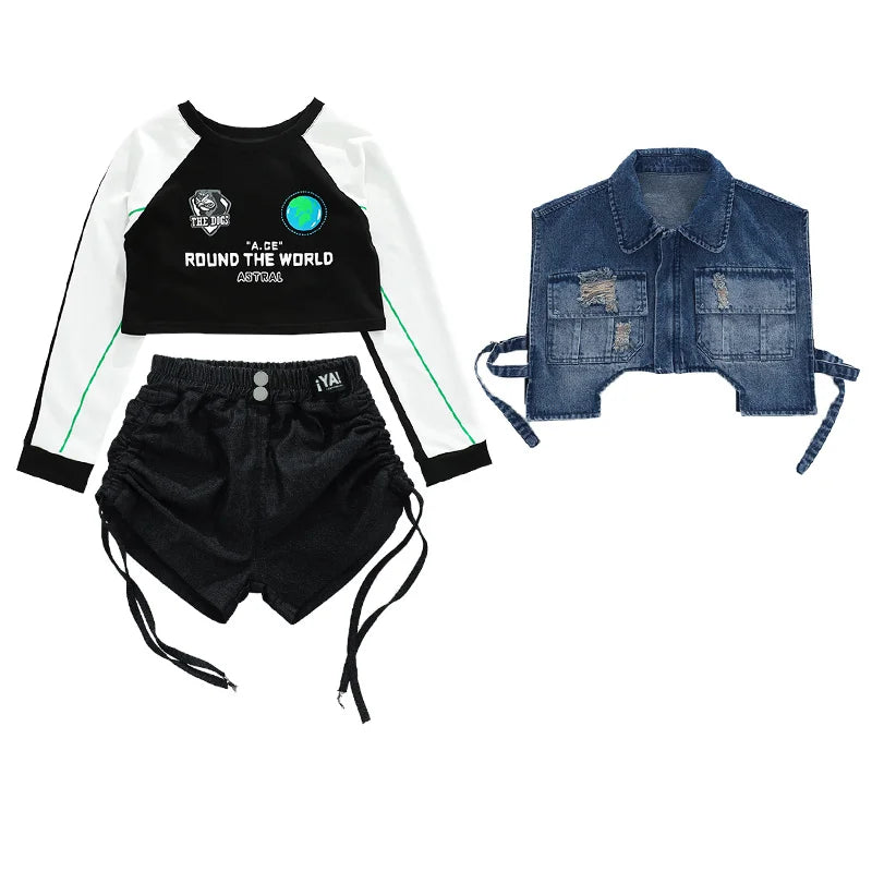 junior girls Hip hop Street Dance Jazz Clothes Set Vest Short hoodie Cagro Pants (short) Streetwear junior Child Kid outfits 170