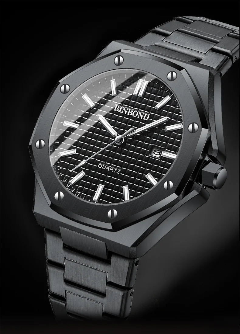BINBOND 0233 Luxury Fashion Men's Quartz Watch Stainless Steel Large Dial Waterproof Night Light Men's Watch Clock