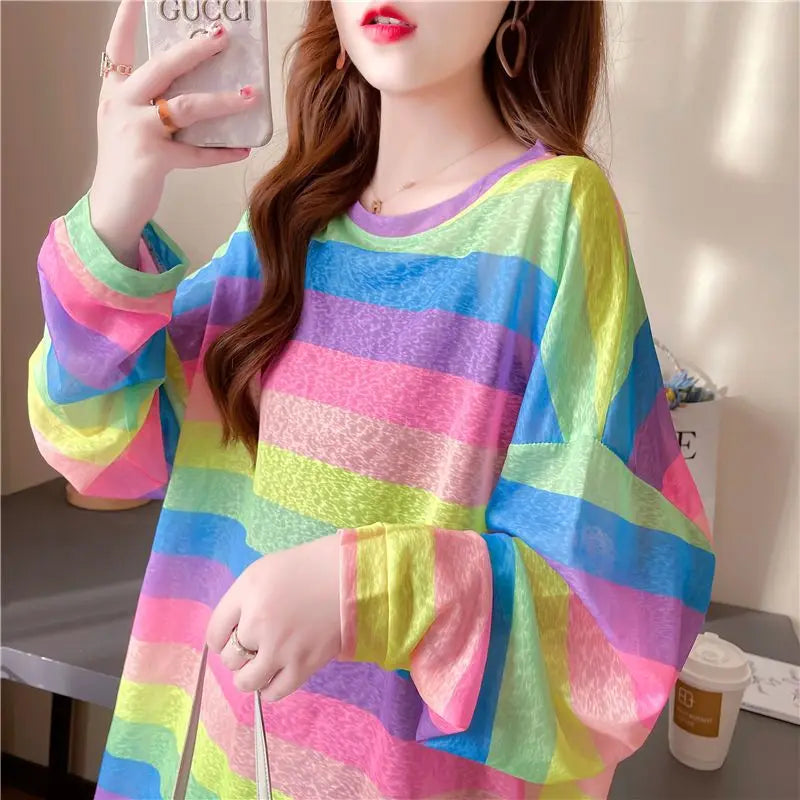 Rainbow Striped Long-sleeved Pullover Sunscreen for Women in Summer Light Top Oversize Mesh Versatile Air Conditioning Shirt