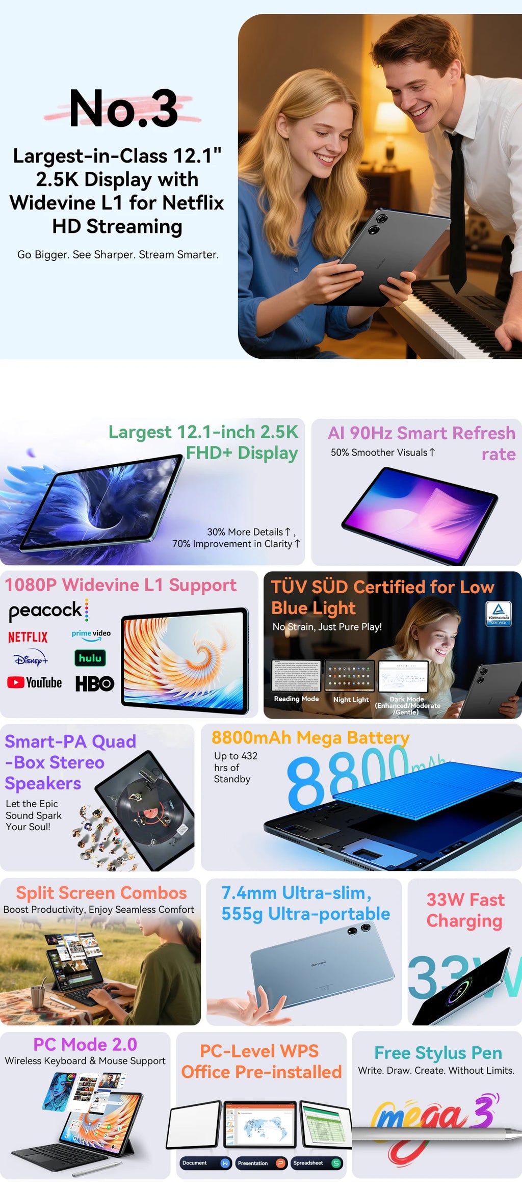 Blackview MEGA 3 Tablet SET 12.1" 2.5K FHD+ Display MTK G100 Octa core 12GB 256GB 8800mAh 50MP Camera 33W Charger Android 15 Pad