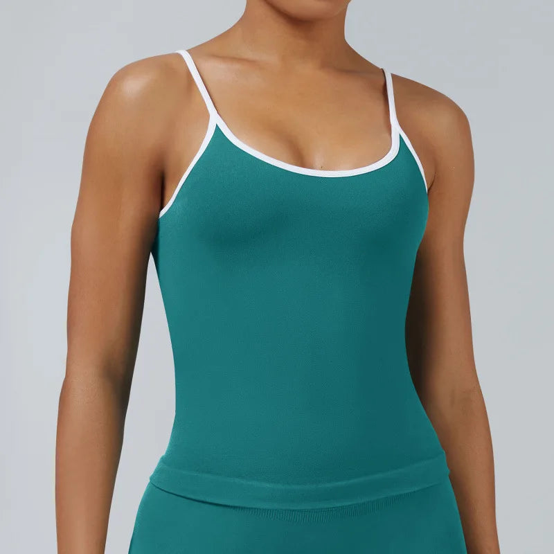 Women Color Blocking Gym Sports Short Tops Summer Yoga Fitness Sexy Backless Knit Camis with Chest Cushion Suspender