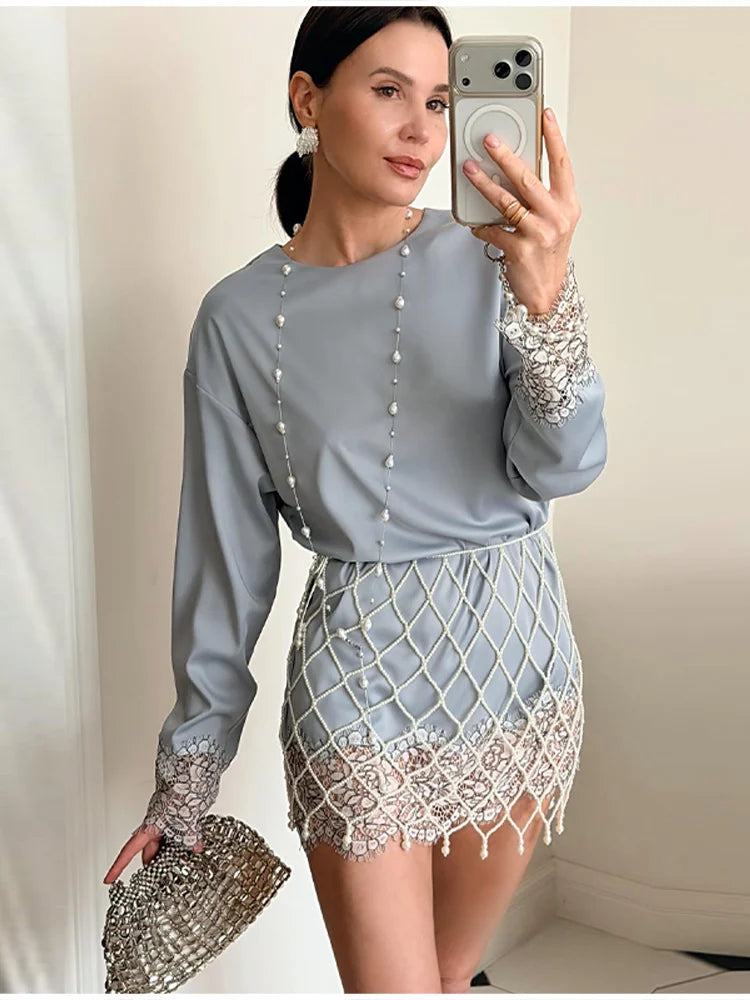 Elegant Modest Blouse Designers Satin Lace Retro Women Tops Spring Romantic Casual Chic Fashionable Streetwear