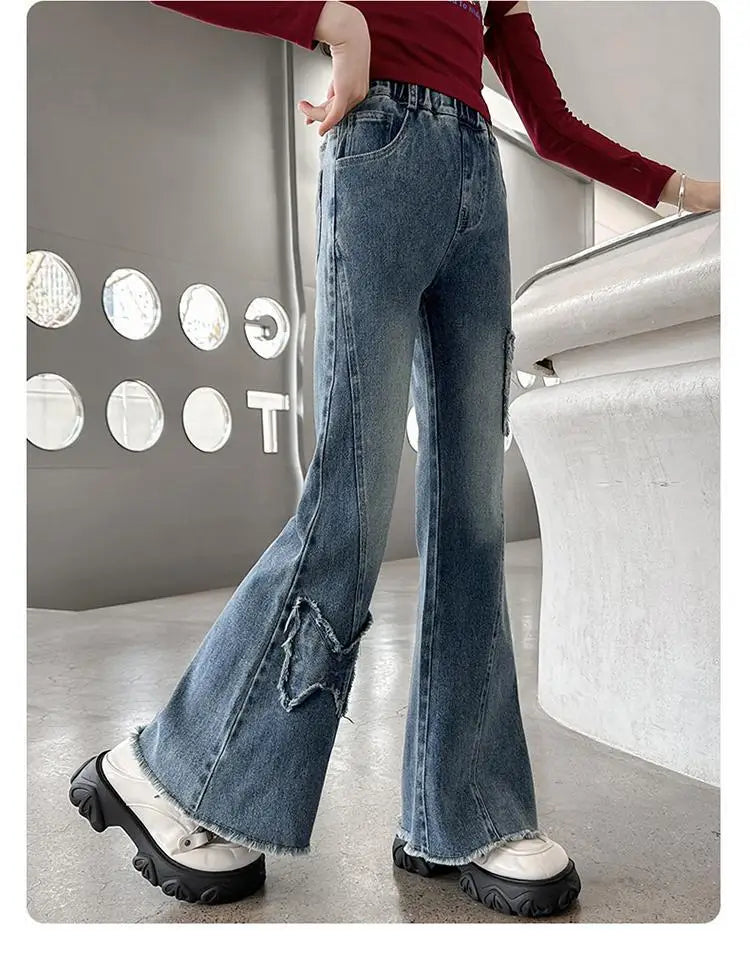 New Junior Girls Denim Pants Ins Bow Patchwork Children Girls Flared Pant Loose Elastic Waist Casual 4-14Y School Girls Trousers