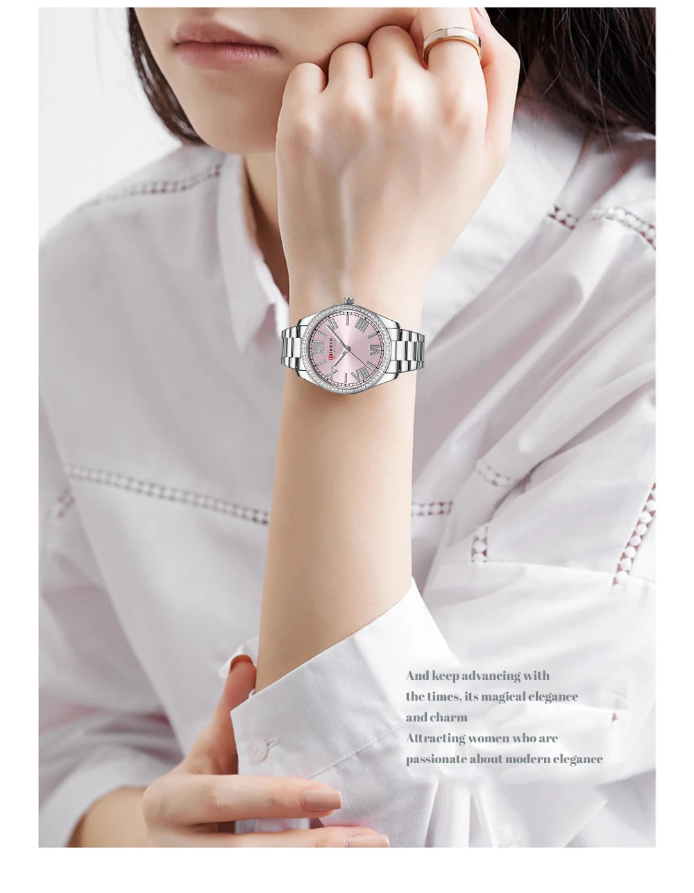 CURREN NEW Luxury Stainless Steel Wristwatches for Ladies Romantic Rose Pink with Rhinestones Roman Numeral Dial