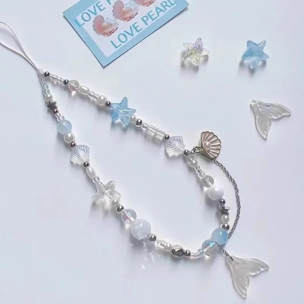 Dreamy Mermaid Sea Shell Phone Chain Lanyard Charm Strap Wrist Bead Cord Bracelet Keychain For iPhone Girl Hanging Rope Jewelry