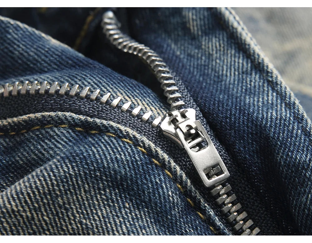 Men's Pearl Boot Cut Denim Jeans Embroidery Patch Slim Flared Pants Casual Streetwear Vintage Blue Trousers
