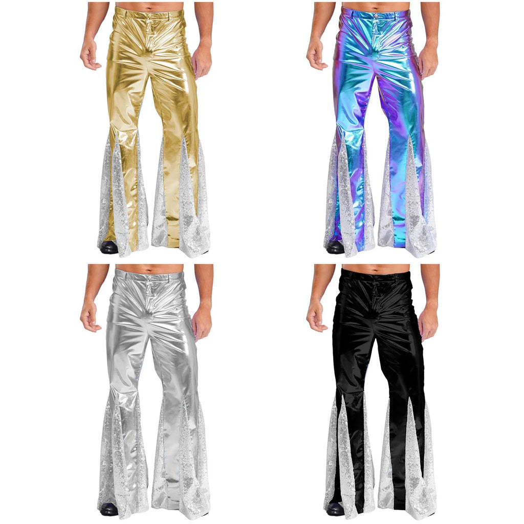 Mens Shiny Metallic 70s Disco Pants Hippie Vintage Costume Dance Rave Nightclub Sequins Bell Bottoms Club Party Flared Pants