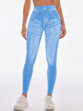 Women's Gym Printed Yoga Tight Pants Seamless High Waisted Denim-like Perforated Fake Pocket Tight Pants Yoga Fitness Leggings