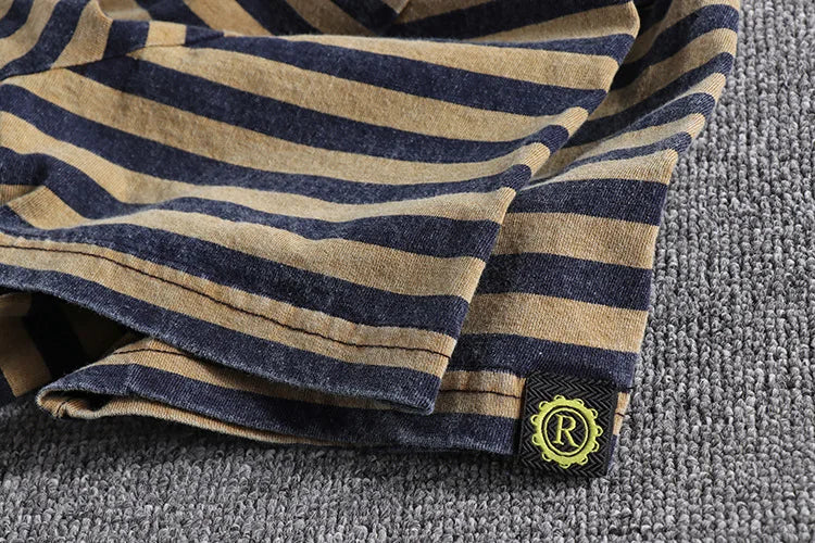 Retro and Aged Casual Short-sleeved T-shirt, High-quality Men's Striped Cotton T-shirt, Sweat-absorbing & Breathable Sports Top