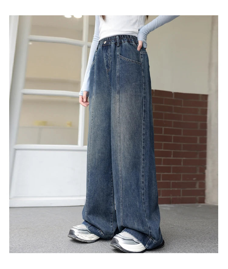 Teenager Girl Blue Jeans Fashion Retro Straight Leg Children Trousers Youth Lady Baggy Vintage Wash Casual Denim Pants Age 8-16Y