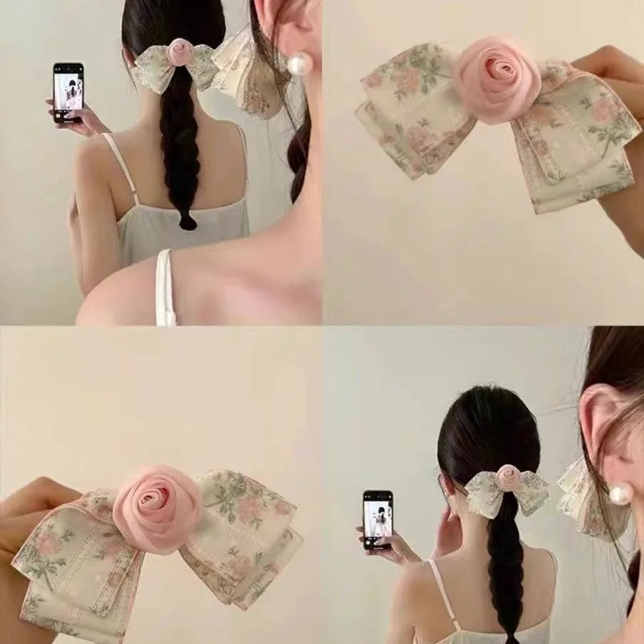 Fabric Rose Hair Clip Small Fragmented Flower Horse Tail Hair Clip Sweet and Cute Bow Headpiece