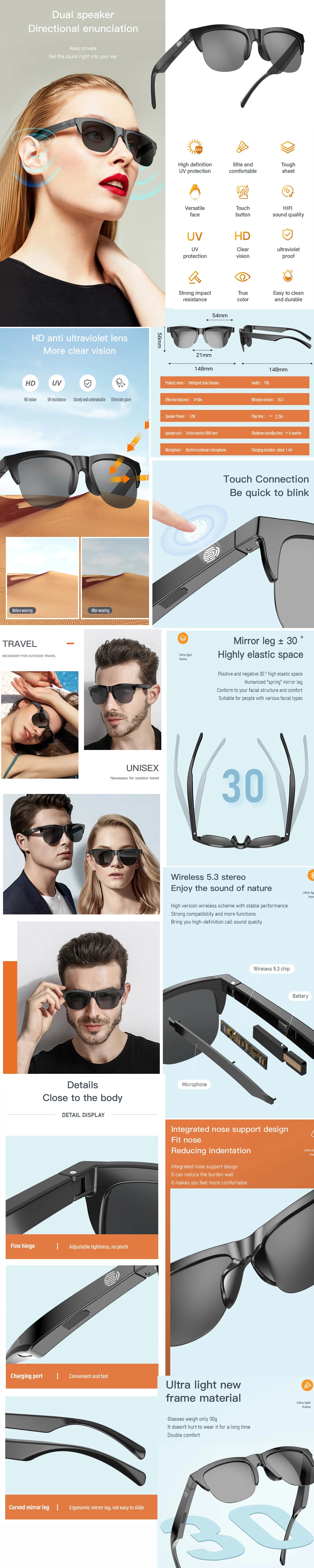 F06 Smart Glasses Earphone Anti-Blu-ray Stereo headset Dual Speaker Touch Wireless Bluetooth Sunglasses Headphone Travel Driving