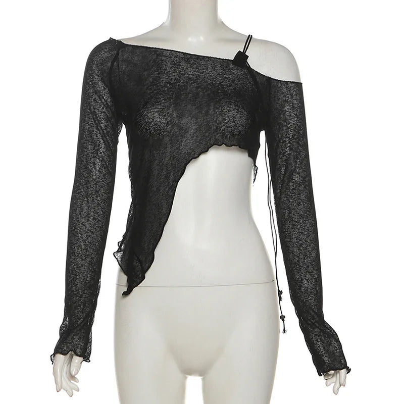 Asymmetrical T Shirts For Women Y2k Clothes Off Shoulder Sexy Streetwear Long Sleeve Crop Top Lace-up Camisetas Ropa De Mujer