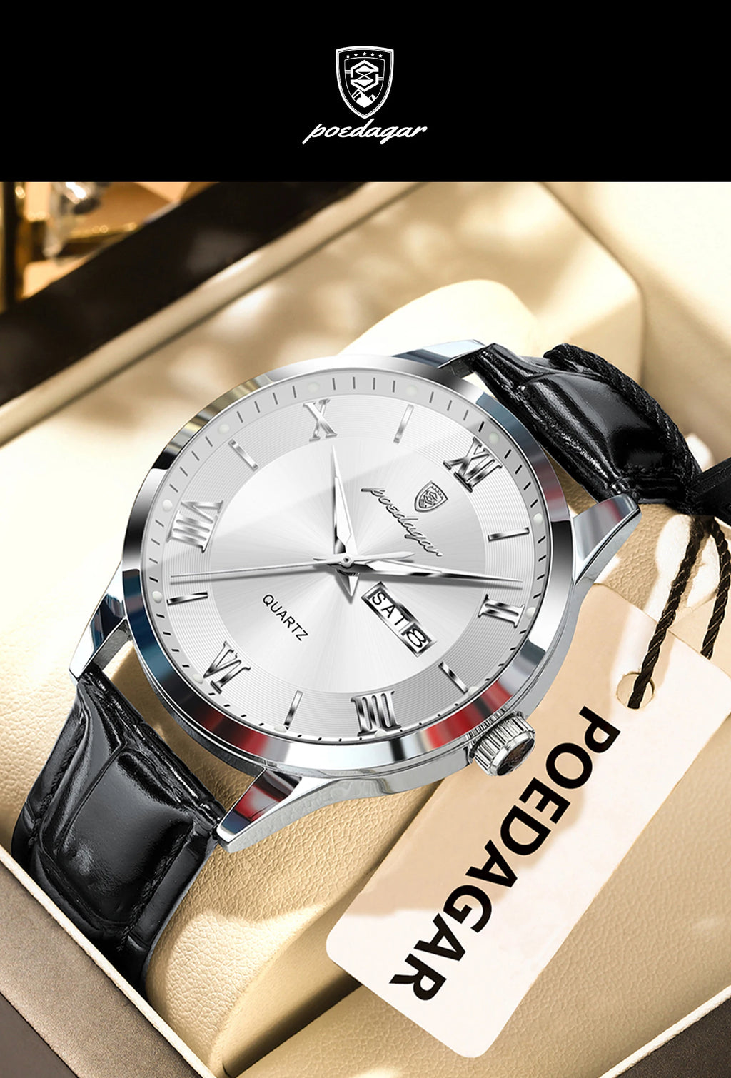POEDAGAR Classic Luxury Men's Wristwatch Date Week Leather Business Man Watch Waterproof Luminous Fashion Quartz Watches For Men