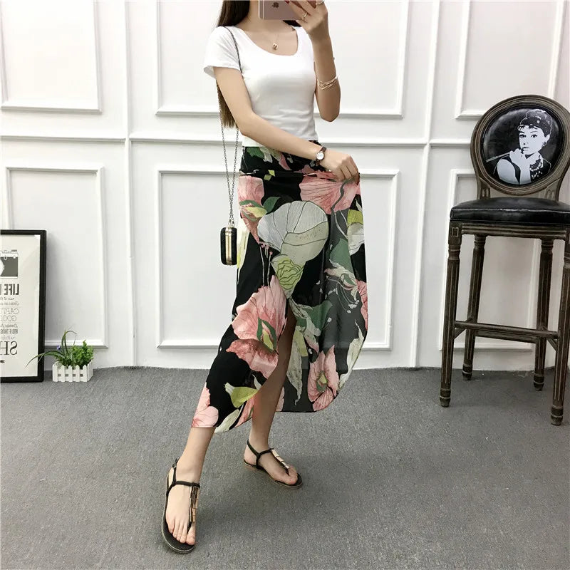 Vacation Style Wrap Skirt Beachside Long Skirt Women's High Waist A-Line Midi Skirt Floral Print One-Piece Summer Spring