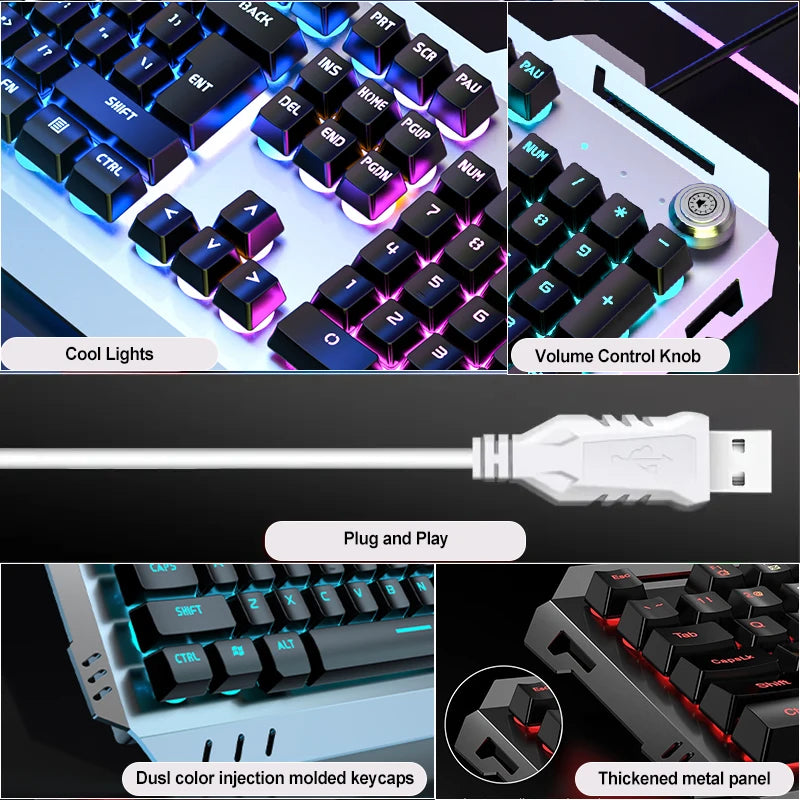 EWEADN GX810 Wired Membrane Keyboard, All-Metal Panel with Multimedia knob and mobile phone holder, for Games and Office(Black)
