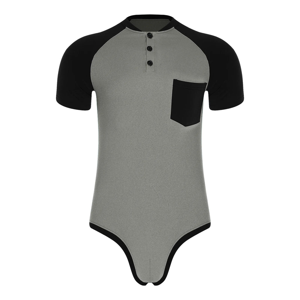 Men Workout Fitness Gym Sport Bodysuit Short Sleeve Openable Crotch Patchwork Jumpsuit for Workout Gym Sports Swimming Outfits