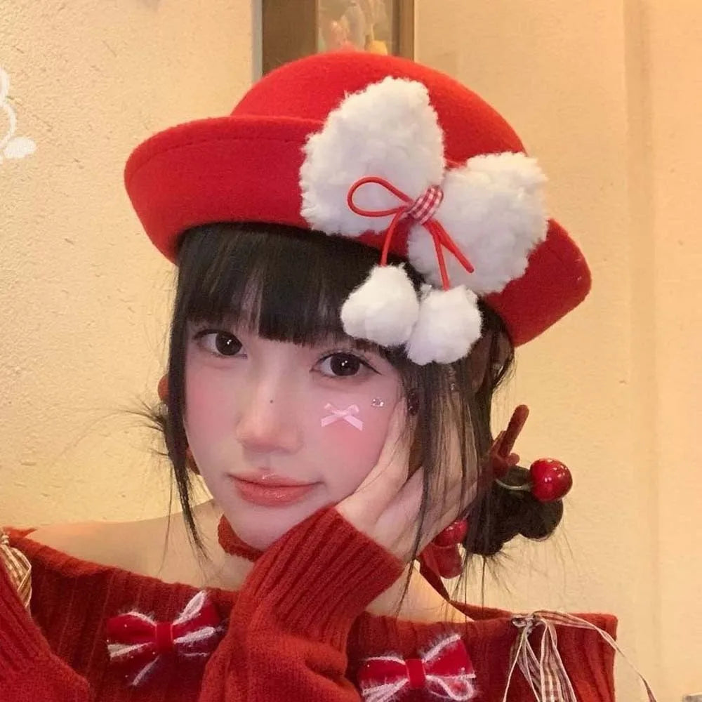 Top Hat Vintage Looking Red Bowler Hats Beret Japanese Style Woolen Bucket Cap Versatile Bow Girls Dome Hat Performances