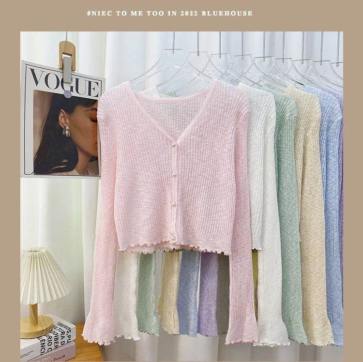2026 Spring Summer Gentle Ruffle Trim Long Sleeve Ice Silk Sunscreen Knitted Cardigan Women Short Pearl Button Thin Casual Coat