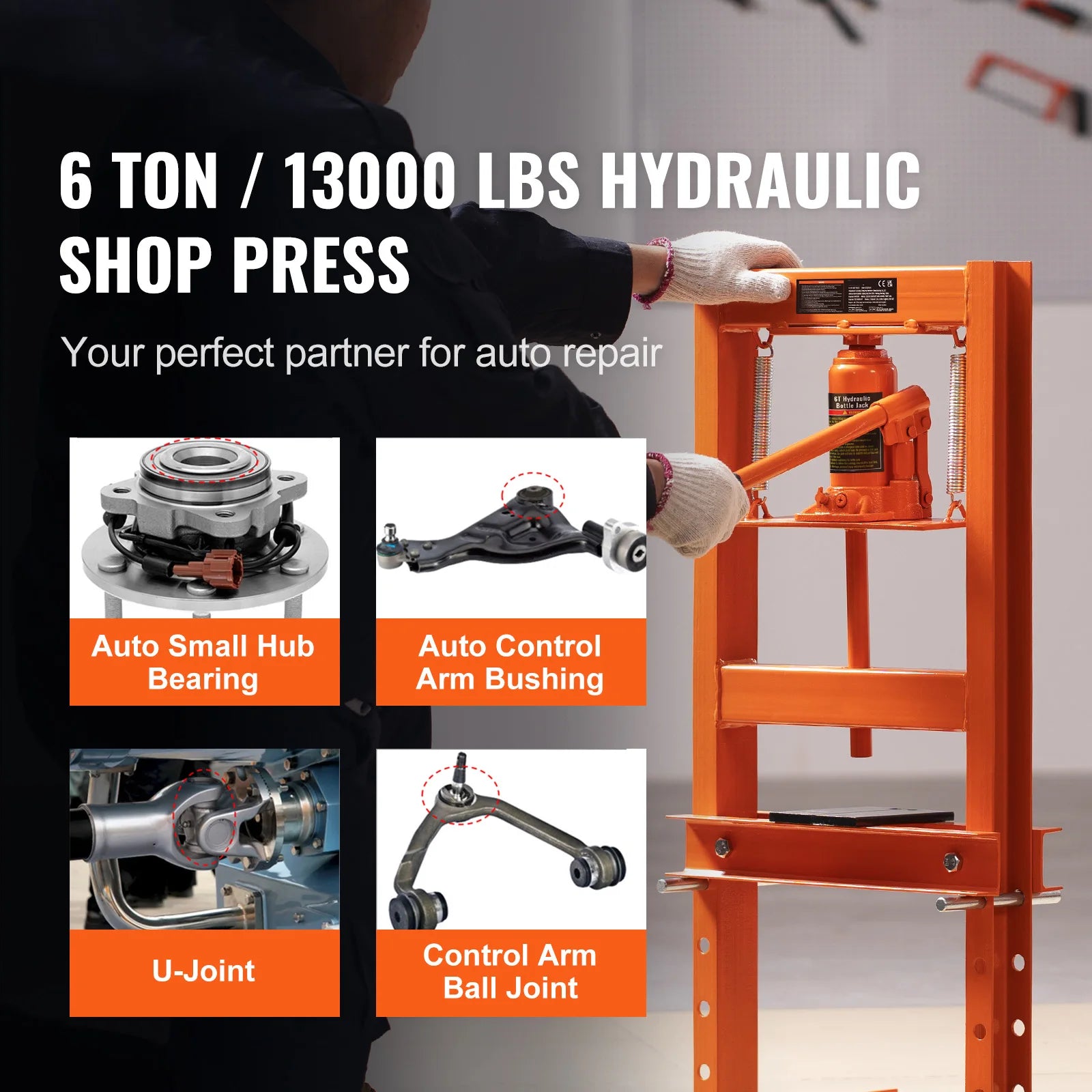 SucceBuy 6/12T Hydraulic H-Frame Garage Floor Adjustable Shop Press with Plates 6T/12T Orange for Garages or Professional Shop