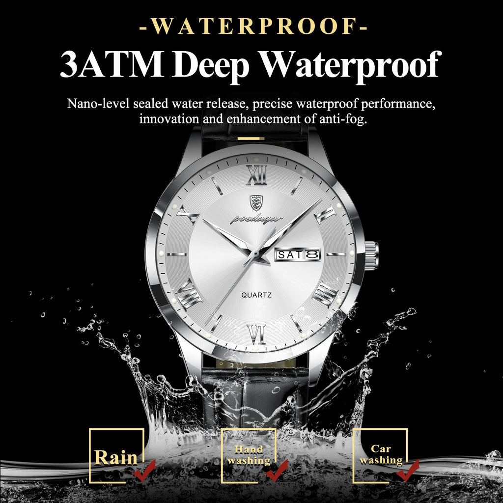 POEDAGAR Classic Luxury Men's Wristwatch Date Week Leather Business Man Watch Waterproof Luminous Fashion Quartz Watches For Men