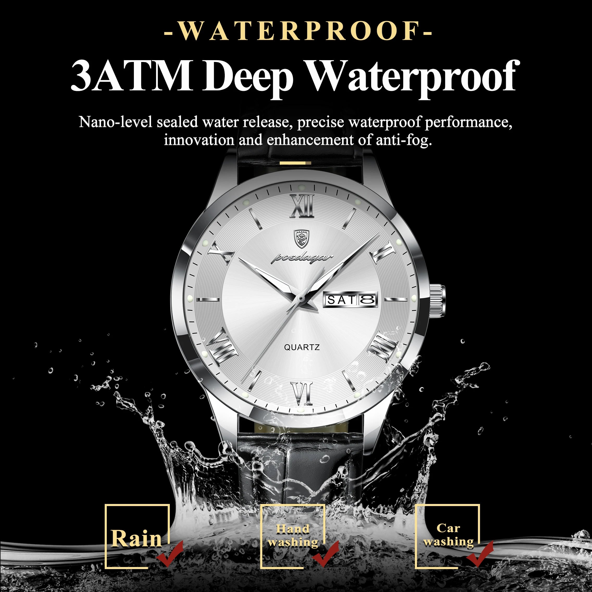 POEDAGAR Classic Luxury Men's Wristwatch Date Week Leather Business Man Watch Waterproof Luminous Fashion Quartz Watches For Men