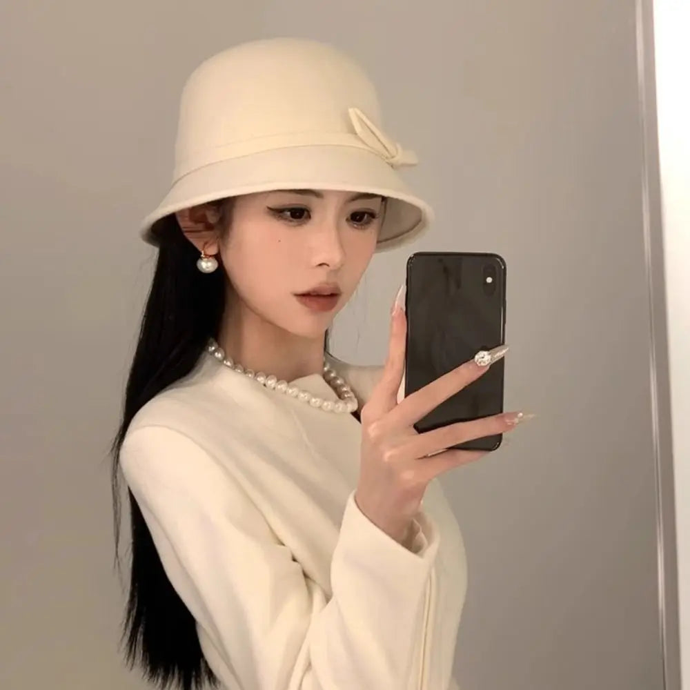 Fashion Hepburnesque Felt Formal Hat Panama Cap British Style Bowknot Bucket Hat Wealthy Heiress Style Autumn