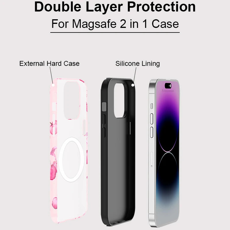 Fcicicase Phone Case For iPhone 16 Pro Max 15 14 Plus 13 12 11 Cherry For Magsafe Wireless Charge Magnetic Double-layer Cover