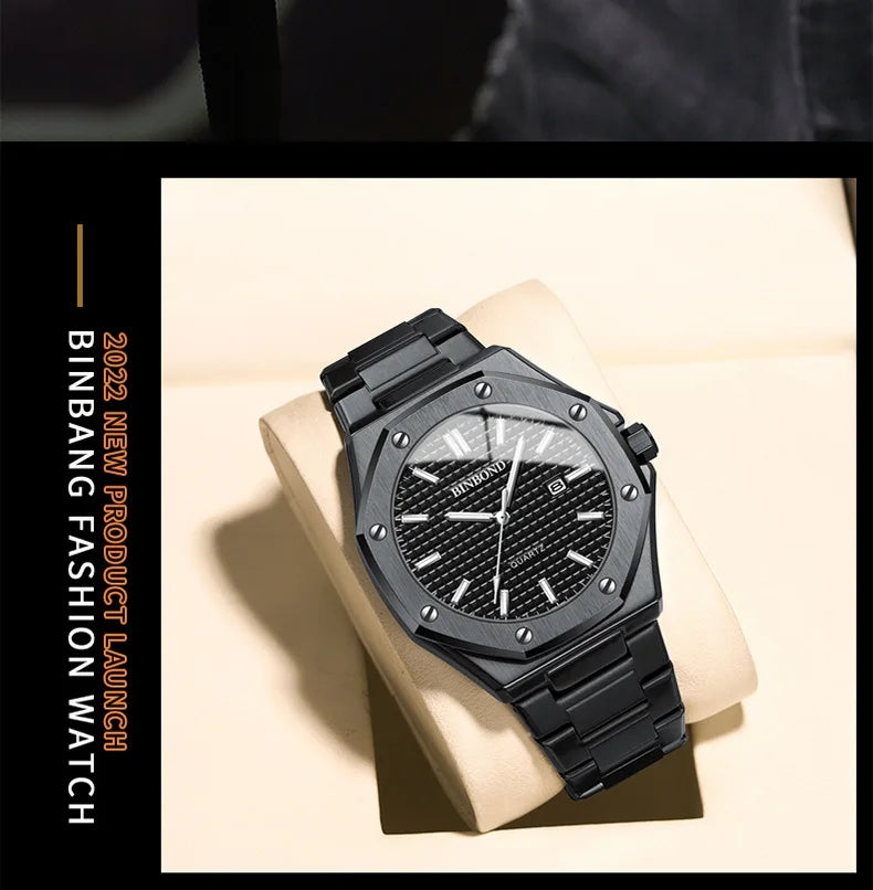BINBOND 0233 Fashion Men's Watch Alloy Strap with Octagonal Screw Quartz Movement High end Quartz Men's Watch 2025