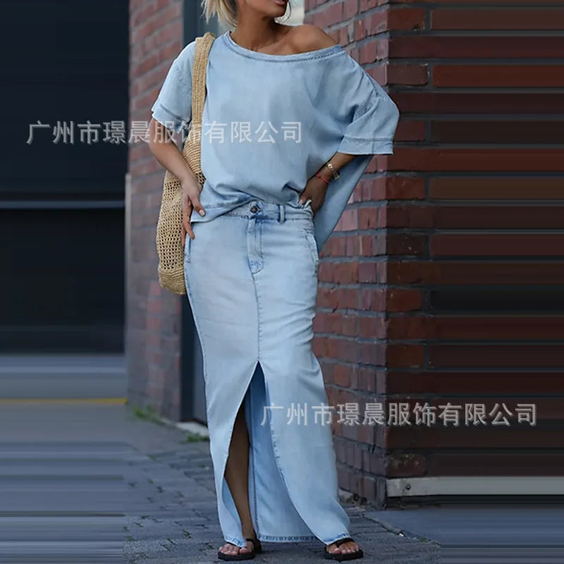 Denim Blue Fashion Split Skirt 2 Piece Set Casual Loose Off-the-shoulder Top + Slim Elegant Pencil Skirt Two-piece Set Women's