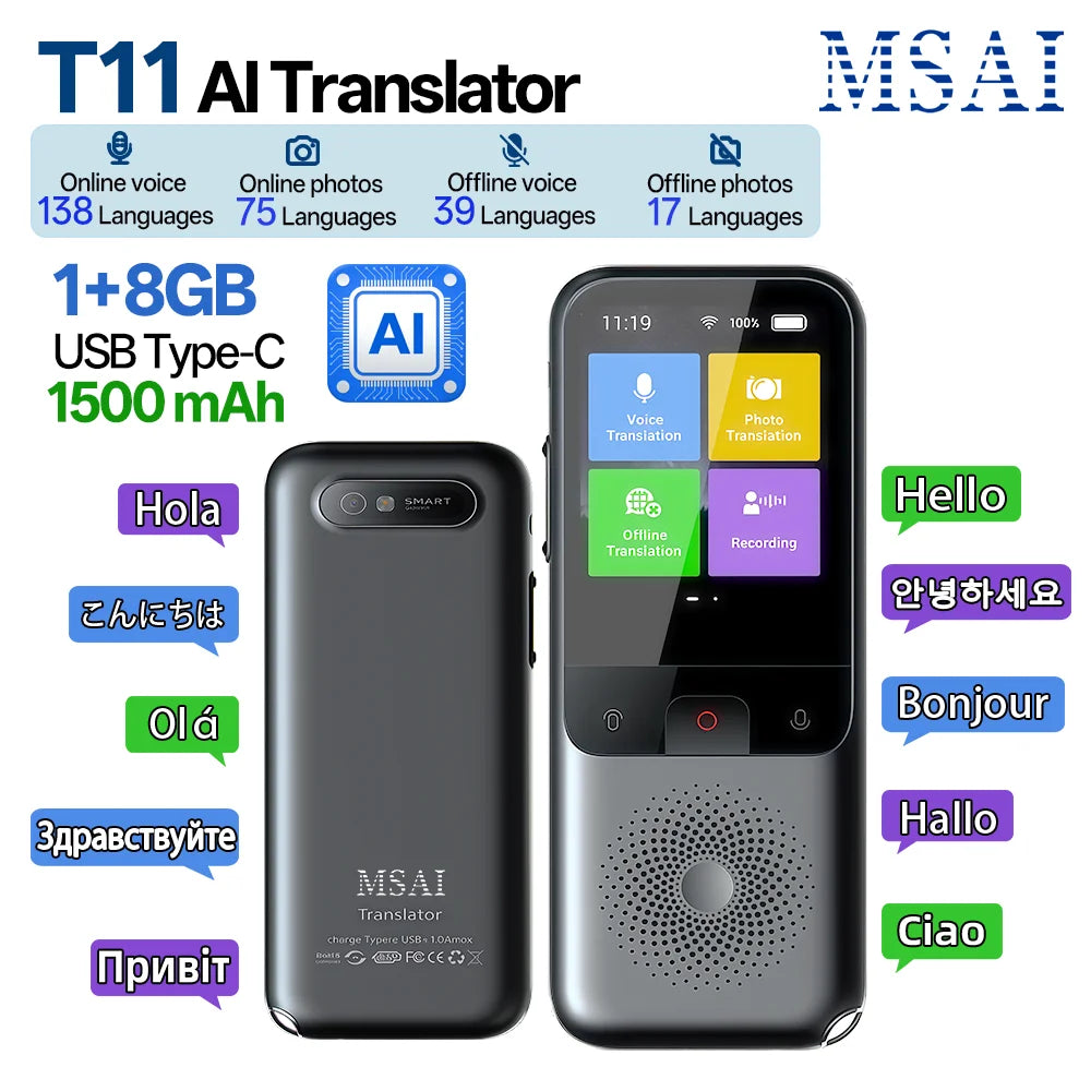MSAI T11 Translator 138 Languages for Travel Real-time 17 Languages Offline Translation Photo 75 Languages 1500mAh 1+8GB