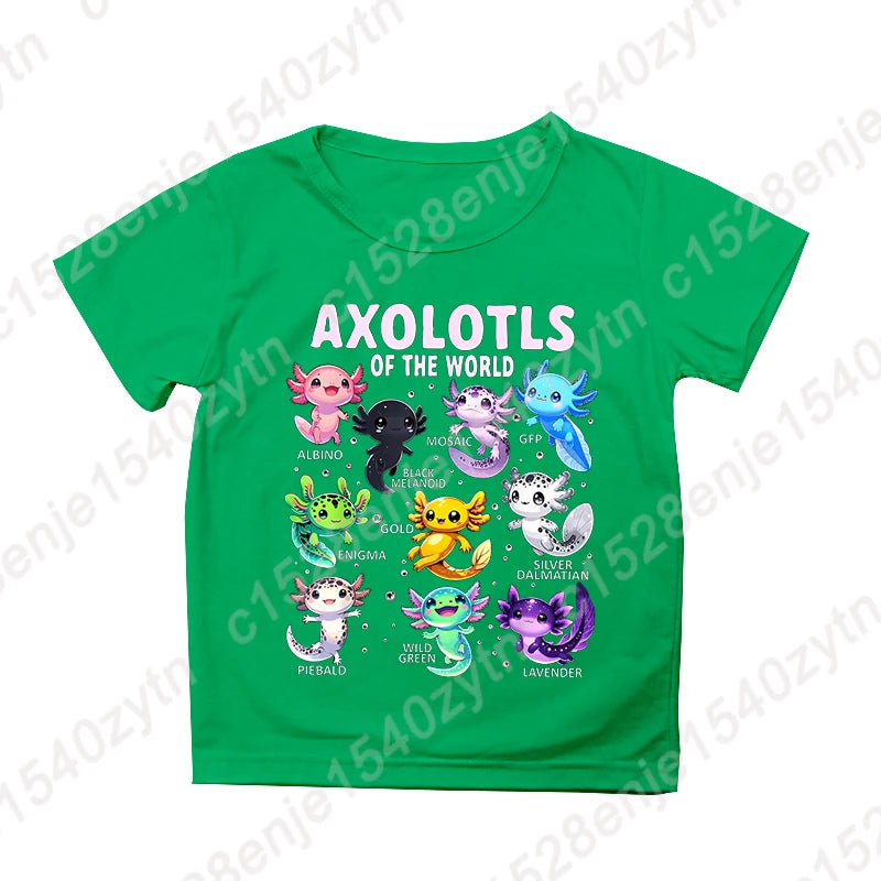 Colorful Cartoon Axolotls Graphic Print Tee, Girls' Casual & Comfy Crew Neck Short Sleeve T-shirt For Spring & Summer