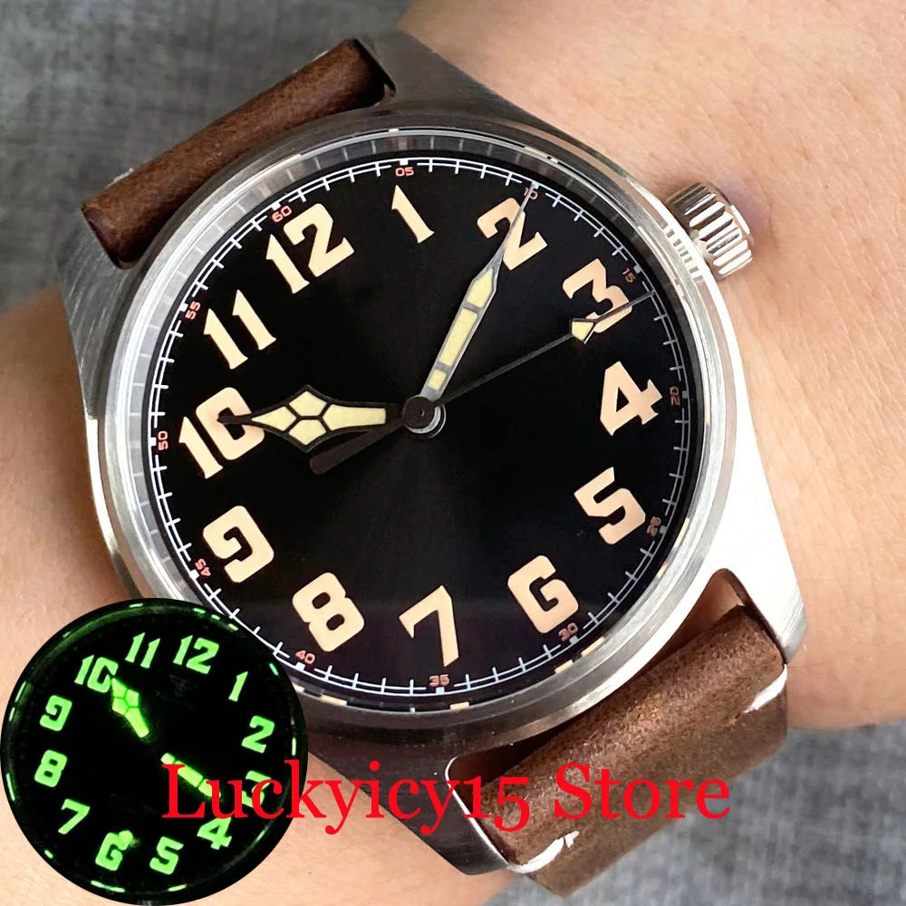 Tandorio Automatic Pilot Watch 39MM 20ATM NH35/PT5000 Movement Wristwatch Leather Strap Sapphire Green Lume Vintage Black Dial