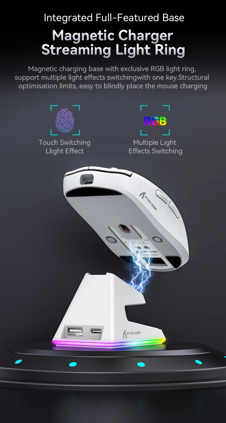 Attack Shark X6 Wireless Gaming Mouse Bluetooth Tri-Mode Connection,RGB Touch Magnetic Charging Base PAW3395 Macro Gaming Mouse