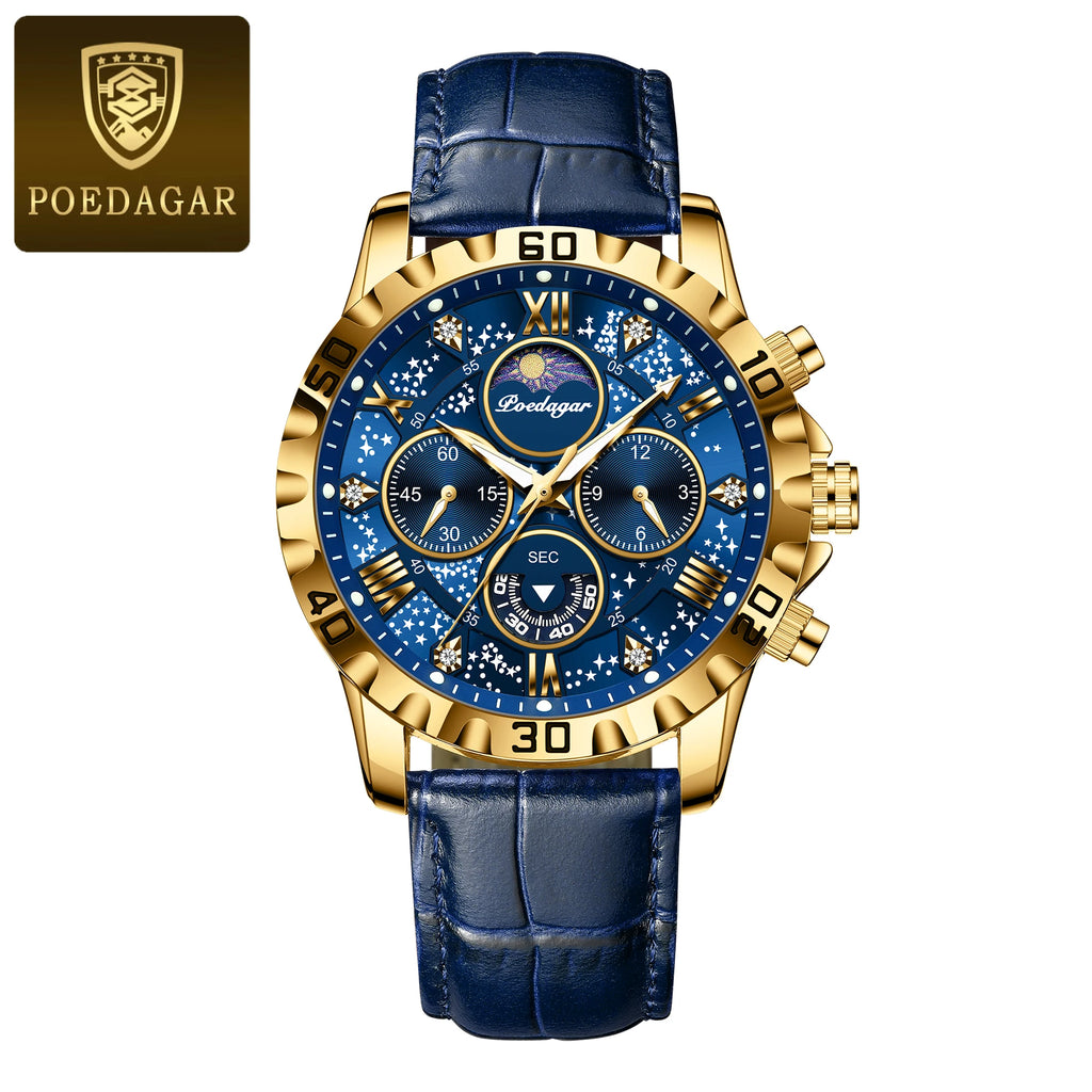 POEDAGAR Original Military Man Wristwatch Waterproof Luminous Chronograph Leather Strap Watches For Men Quartz Men's Watch Reloj