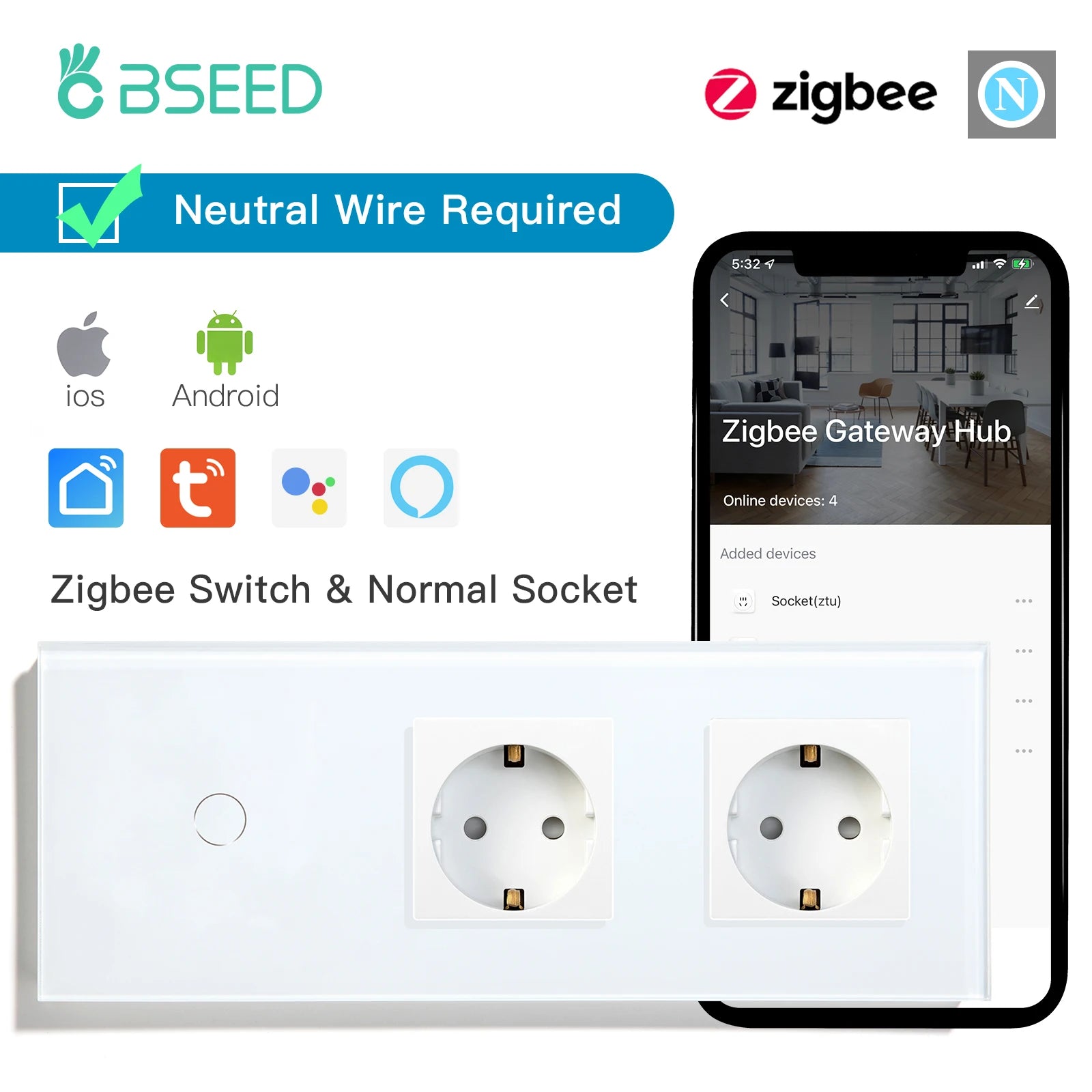 Bseed EU Zigbee Touch Switch 1/2/3Gang 2Way Smart Light Switch Wall Socket USB Type-C Charge Port Tuya Google Home Alexa Control