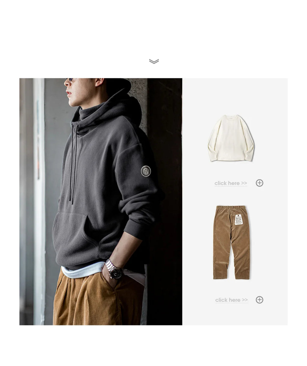Maden Casual Polar Fleece Hooded Sweatshirt Solid Color Windproof Pullover with Face Mask Warm Tops for Men's Fall and Winter