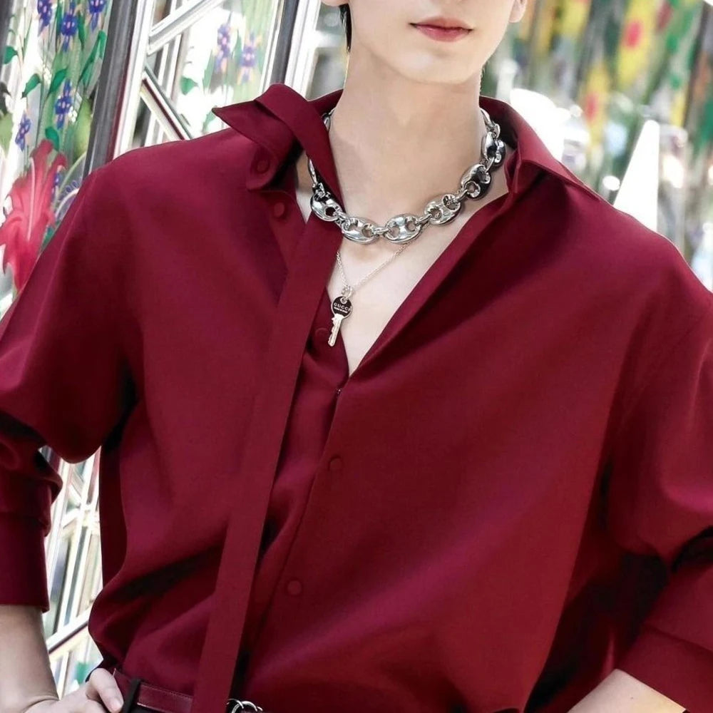 Mens Fashion High-End Party Dance Wine Red Long-Sleeved Shirt 2025 Summer Niche Design Handsome Retro Lapel Y2k Luxury Shirt Men