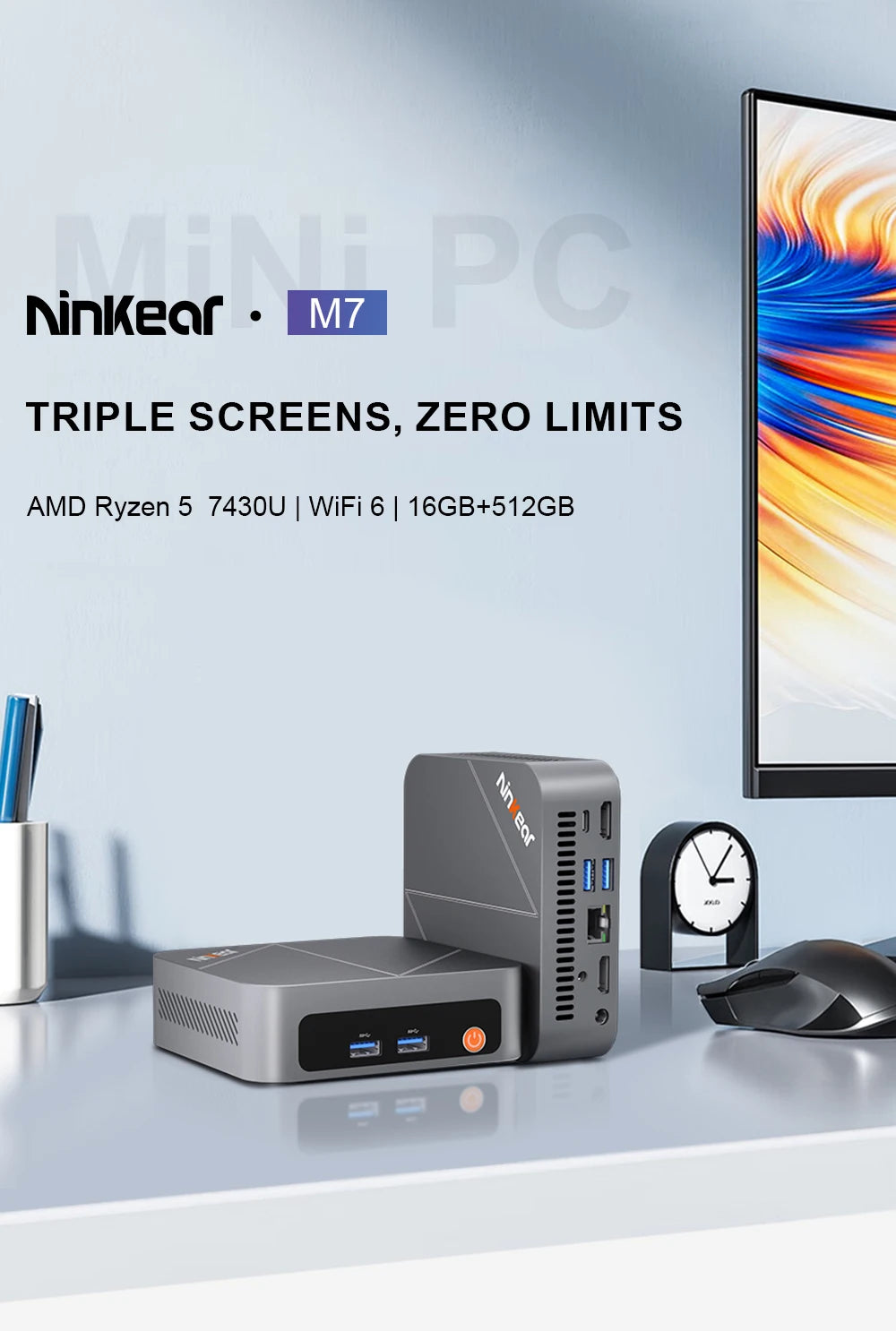 Ninkear M7 Mini PC AMD Ryzen™ 5 7430U Windows 11 PRO 16GB DDR4 RAM 512GB SSD WIFI 6.0 Fan Cooling Mini Computers