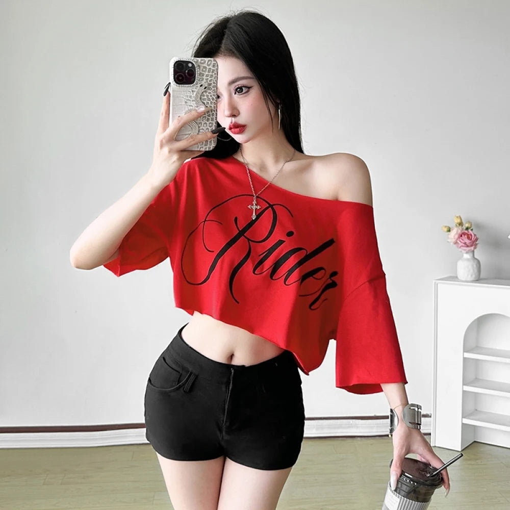 SylCue Letter Print Oversized T-shirt Women Skew Collar Short Sleeves Off Shoulders Irregular Hem Hip-hop Style Trend Crop Tops