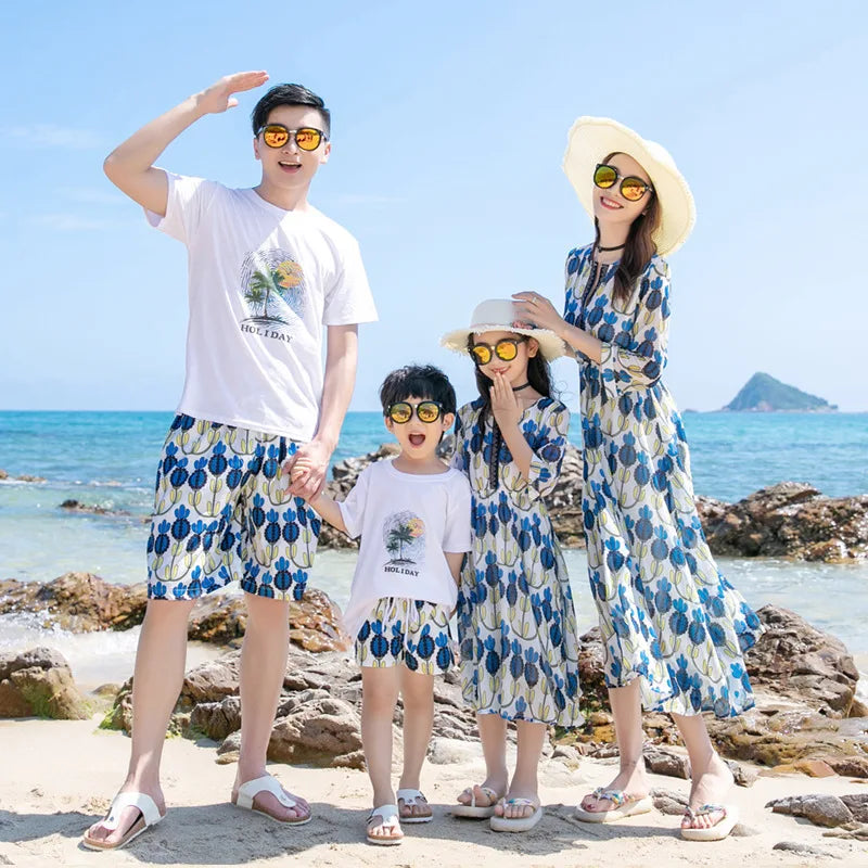 Vacation Look Family Matching Clothes for Parents and Children Outfits Daughter Mom Dress Son Dad T Shirts Shorts Two Piece Sets