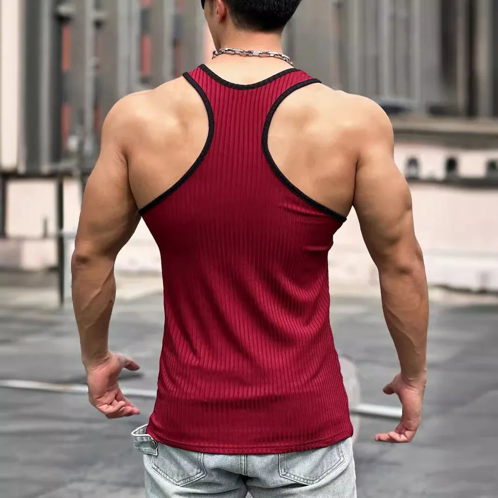 Summer Knitted Vertical Stripe Fitness Slim Vest for Men, Color-blocked Tank Top