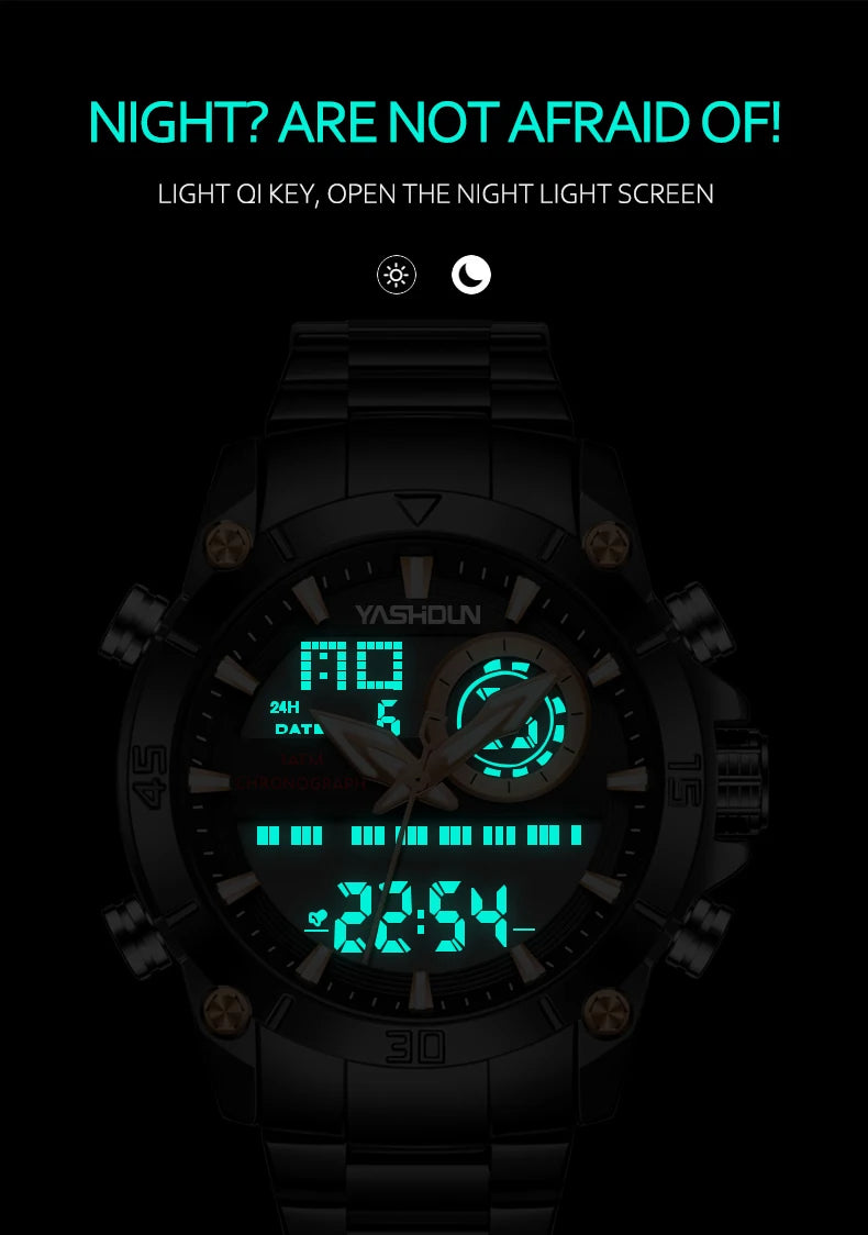 Multi-functional sports men's watch with dual movement electronic steel band luminous waterproof quartz wristwatch